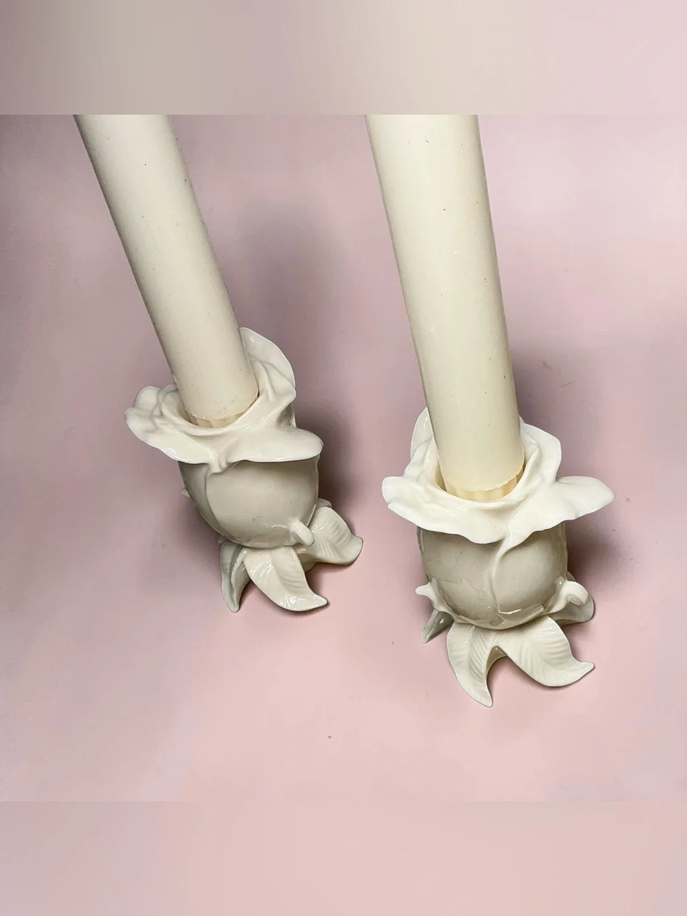Lenox Ivory Rosebud Candlestick Holders Pair With Taper Candles Floral Porcelain
